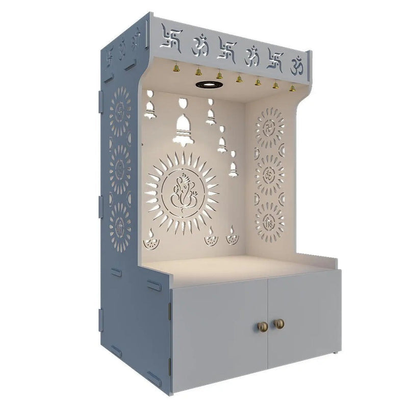 White Wooden Floor Pooja Mandir with Om & Swastik Design Ganesh Laser-Cut Back Panel Bell Motifs & Storage Cabinet