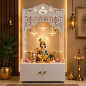 White Wooden Floor Pooja Mandir with Shubh Labh Design Floral & Peacock Feather Motifs Laser-Cut Panels & Storage Cabinet