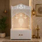 White Wooden Floor Pooja Mandir with Shubh Labh Design Floral & Peacock Feather Motifs Laser-Cut Panels & Storage Cabinet