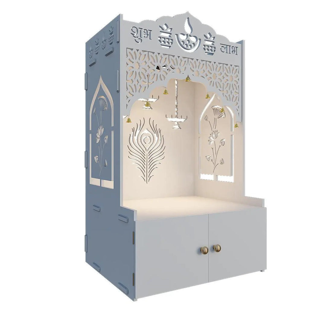 White Wooden Floor Pooja Mandir with Shubh Labh Design Floral & Peacock Feather Motifs Laser-Cut Panels & Storage Cabinet