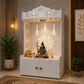 White Wooden Floor Pooja Mandir with Trishul & Kalash Design Laser-Cut Bell & Lotus Motifs & Storage Cabinet