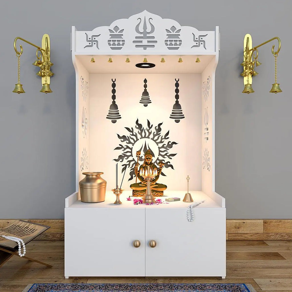 White Wooden Floor Pooja Mandir with Trishul & Kalash Design Laser-Cut Bell & Lotus Motifs & Storage Cabinet