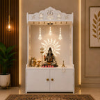 White Wooden Floor Pooja Mandir with Trishul & Kalash Design Laser-Cut Bell & Lotus Motifs & Storage Cabinet