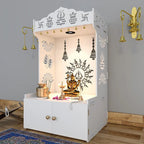 White Wooden Floor Pooja Mandir with Trishul & Kalash Design Laser-Cut Bell & Lotus Motifs & Storage Cabinet