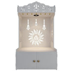 White Wooden Floor Pooja Mandir with Trishul & Kalash Design Laser-Cut Bell & Lotus Motifs & Storage Cabinet