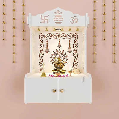 White Wooden Wall Mounted Temple with Engraved Om & Swastik Design Pooja Mandir for Home