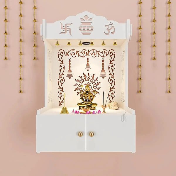 White Wooden Wall Mounted Temple with Engraved Om & Swastik Design Pooja Mandir for Home