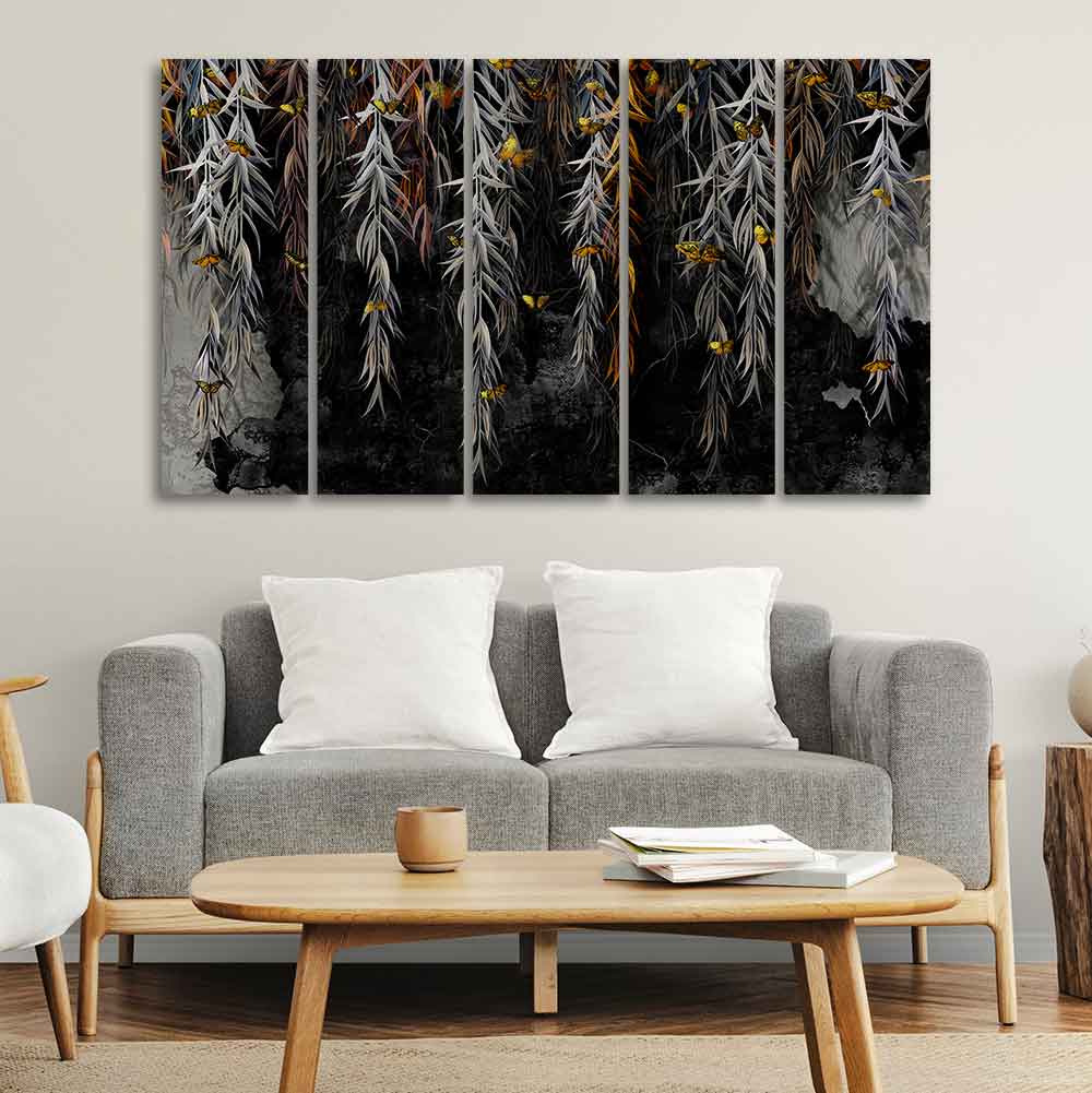 Willow Branches with Gold Butterflies Wall Painting of Five Pieces