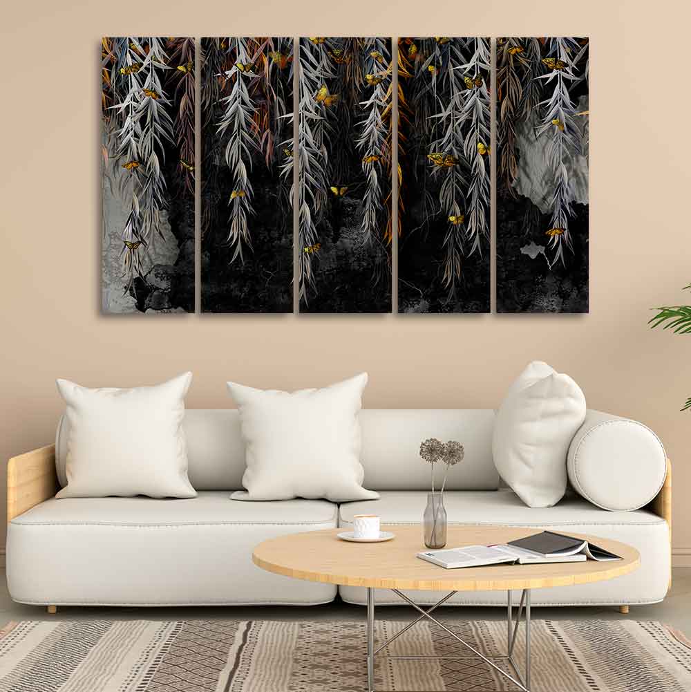 Willow Branches with Gold Butterflies Wall Painting of Five Pieces