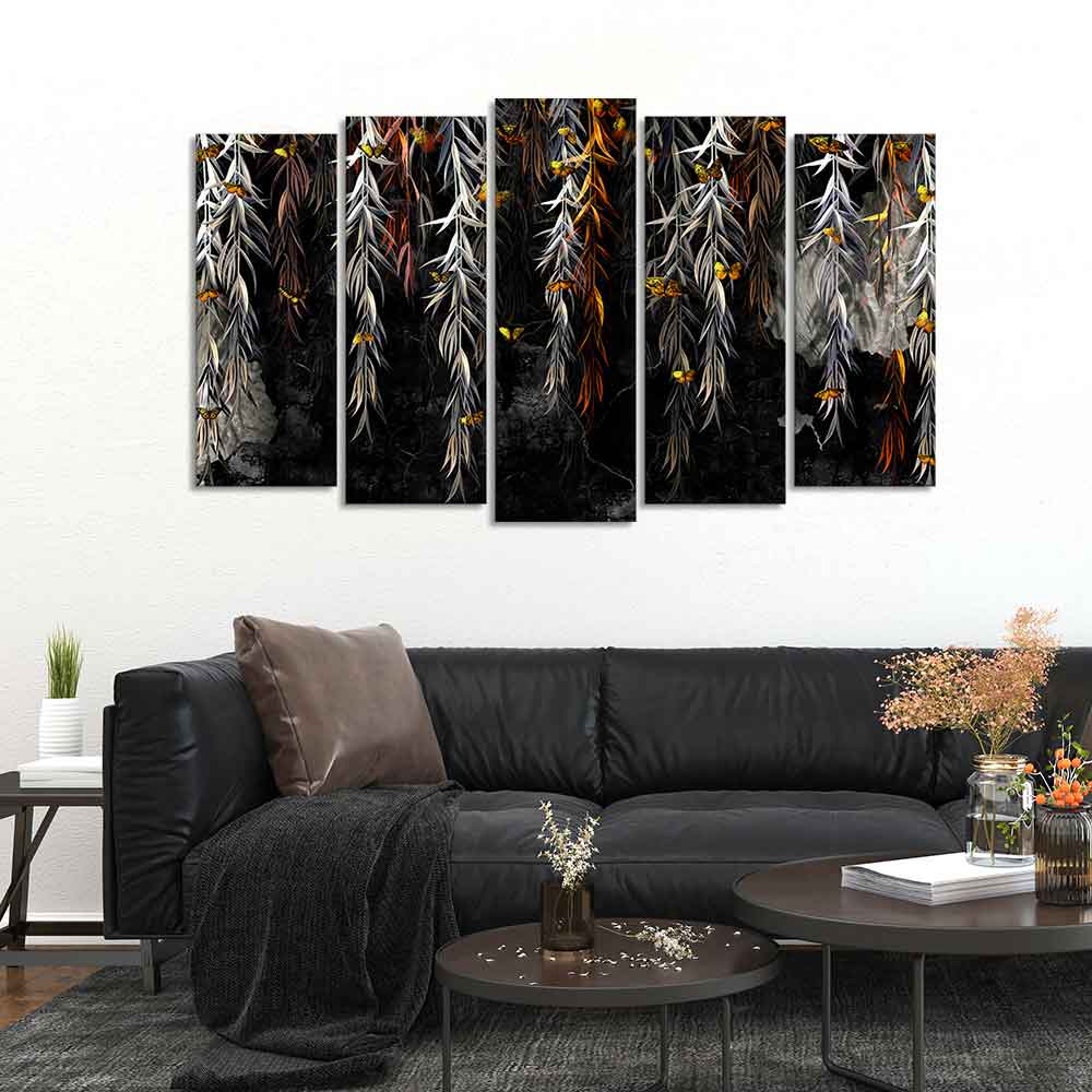 Willow Branches with Gold Butterflies Wall Painting Set of Five Pieces