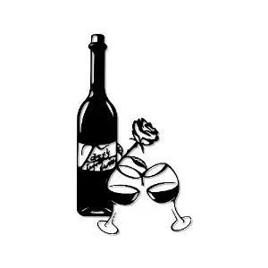Wine Bottle with Glass and Rose Wall Metal Art Decor