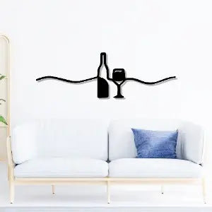 Wine Bottle with Glass Design Bar Line Metal Art Wall Decor