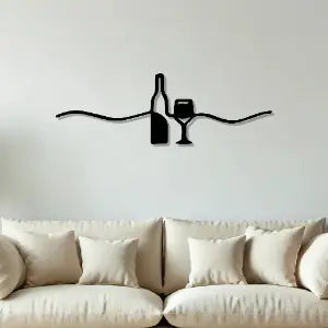 Wine Bottle with Glass Design Bar Line Metal Art Wall Decor