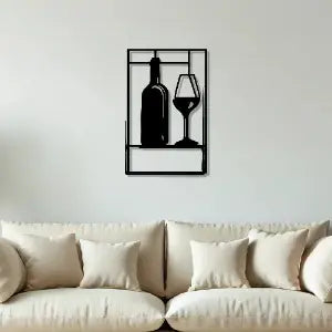 Wine Bottle with Glass Design Bar Metal Art Wall Decor