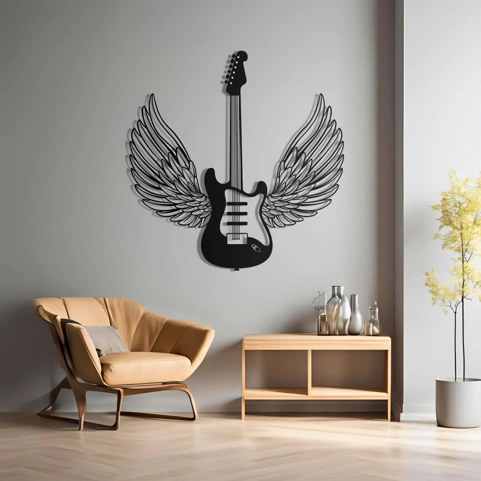 Winged Guitar Designed Metal Art Wall Decor