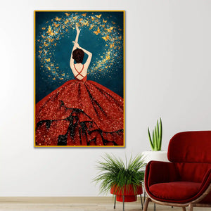 Woman in Red Dress Floating Frame Crystal Wall Painting