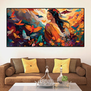 Woman Surrounded by Birds in a Garden of Color and Freedom Abstract Canvas Wall Painting