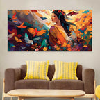 Woman Surrounded by Birds in a Garden of Color and Freedom Abstract Canvas Wall Painting
