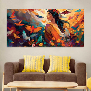 Woman Surrounded by Birds in a Garden of Color and Freedom Abstract Canvas Wall Painting