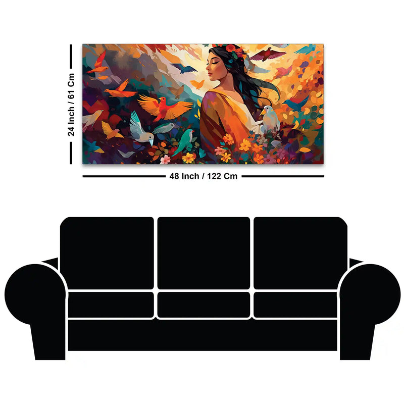 Woman Surrounded by Birds in a Garden of Color and Freedom Abstract Canvas Wall Painting