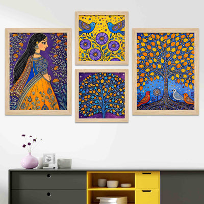Woman & Tree of Life Indian Folk Art Wall Frame Set of Four