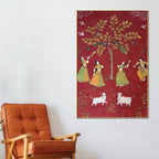 Women Dancing with Cow & Peacock Pichwai Style Canvas Wall Painting