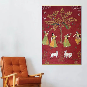 Women Dancing with Cow & Peacock Pichwai Style Canvas Wall Painting