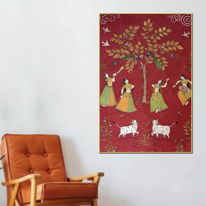 Women Dancing with Cow & Peacock Pichwai Style Canvas Wall Painting