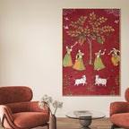 women-dancing-with-cow-peacock-pichwai-style-canvas-wall-painting