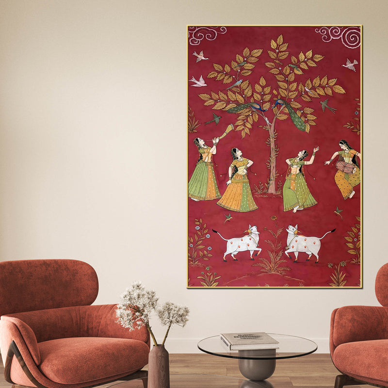 women-dancing-with-cow-peacock-pichwai-style-canvas-wall-painting