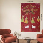 Women Dancing with Cow & Peacock Pichwai Style Canvas Wall Painting