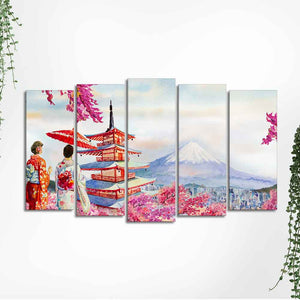 Women in Kimono Canvas Wall Painting Set of Five