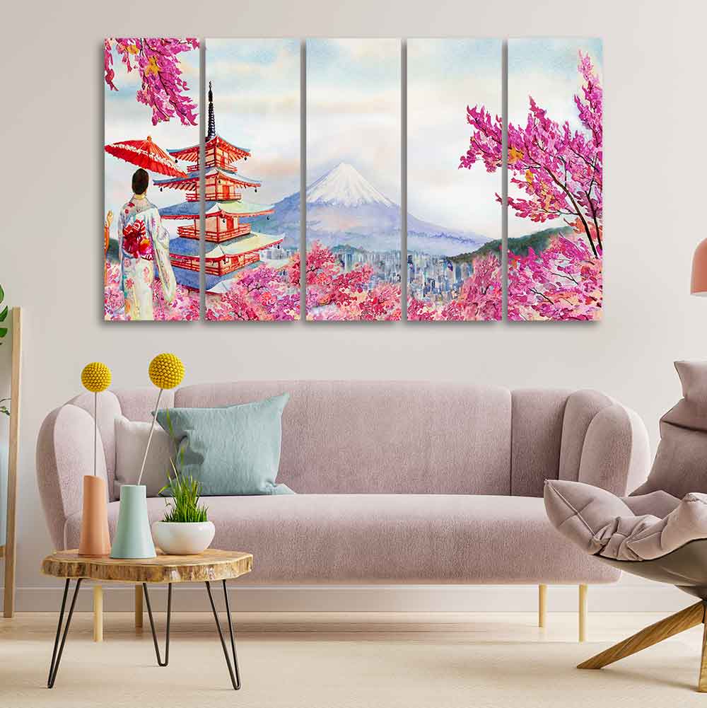 Women in Kimono Canvas Wall Painting Set of Five Pieces