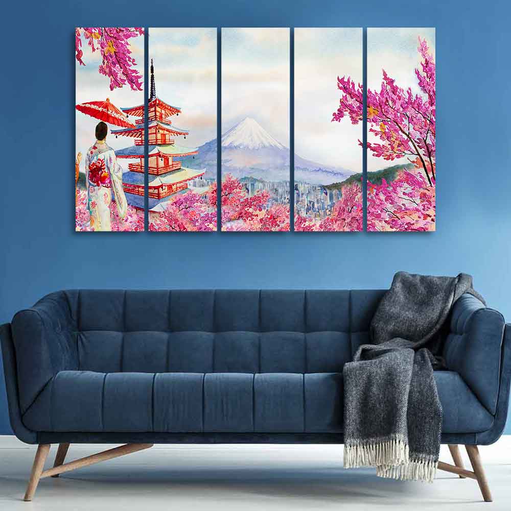 Women in Kimono Canvas Wall Painting Set of Five Pieces