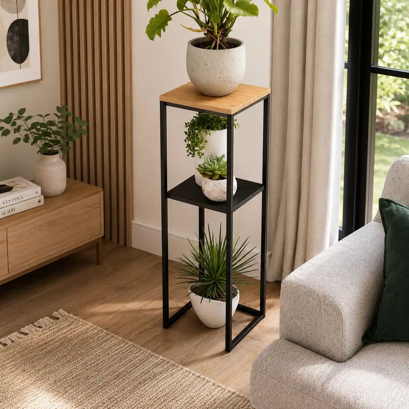 Wood Pedestal 2-Tier Square Shape Black Stand End Side Table