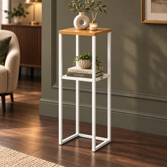 Wood Pedestal 2-Tier Square Shape White Stand End Side Table