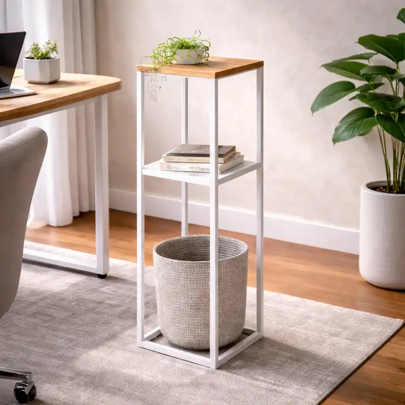 Wood Pedestal 2-Tier Square Shape White Stand End Side Table