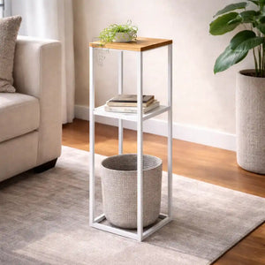 Wood Pedestal 2-Tier Square Shape White Stand End Side Table