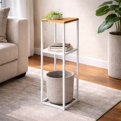 Wood Pedestal 2-Tier Square Shape White Stand End Side Table