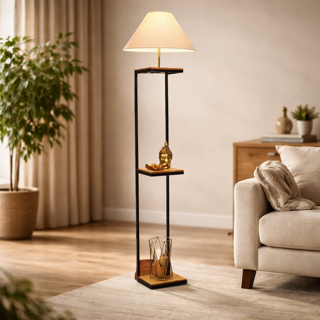 Wooden Aesthetic Floor Lamp With Shelve For Living Room, Bedroom