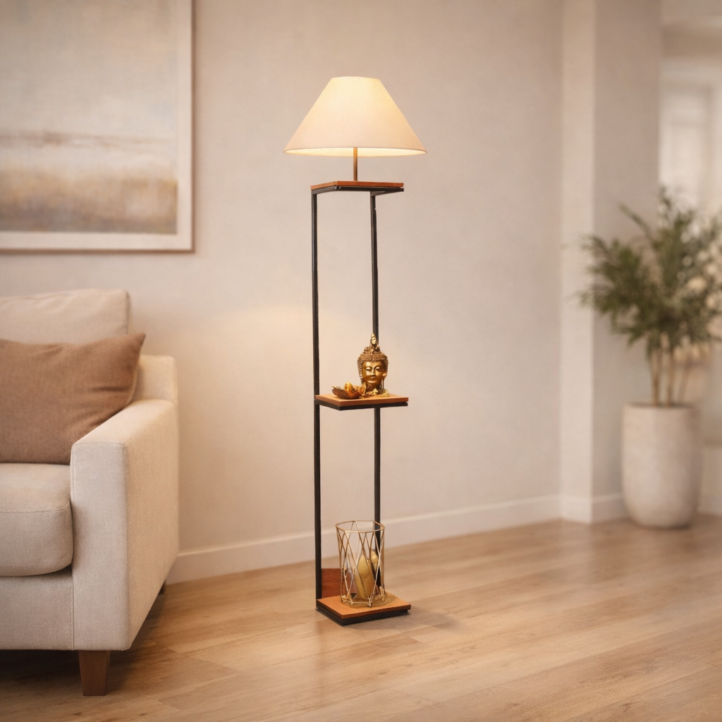Wooden Aesthetic Floor Lamp With Shelve For Living Room, Bedroom