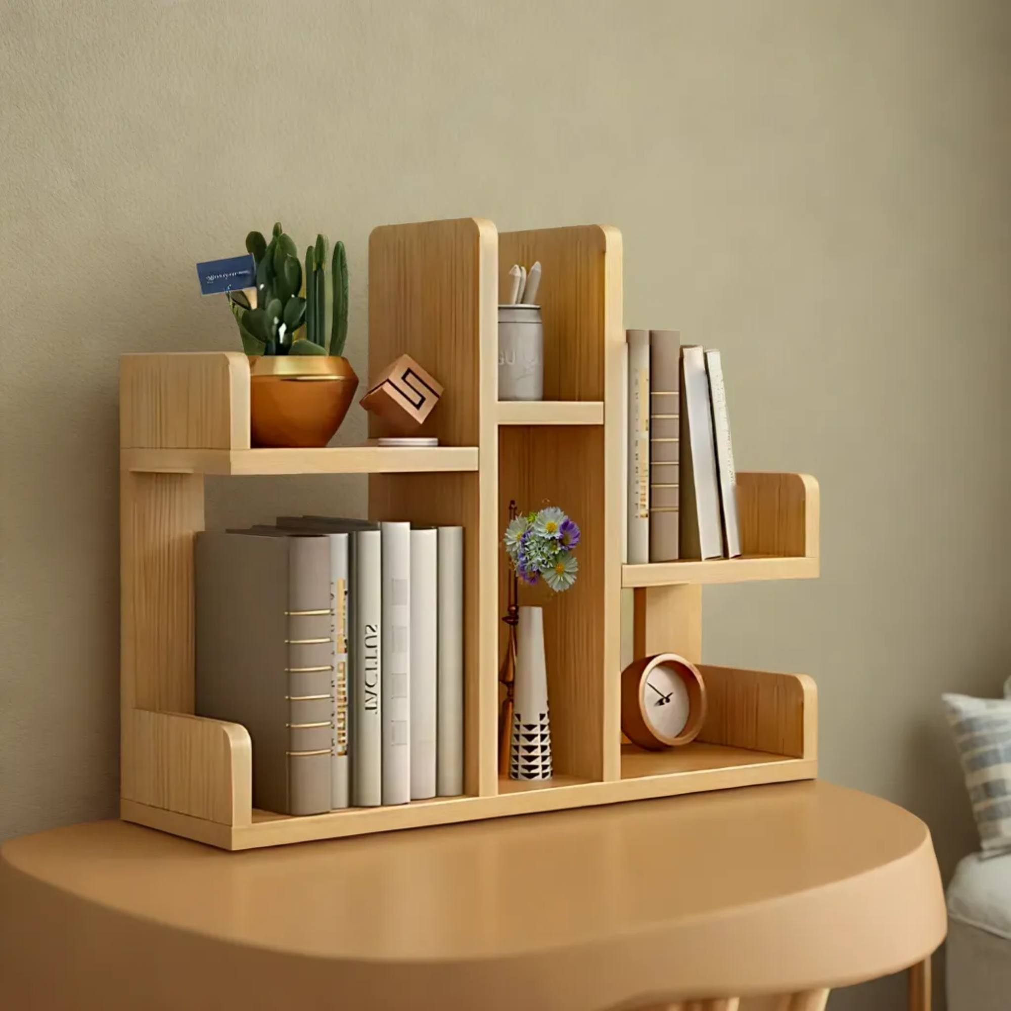 Wooden Desktop Book Rack with Multi Storage Shelves