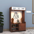 Wooden Floor Pooja Mandir with Ganesh Om Back Panel Shubh Labh Top Design & Cabinet