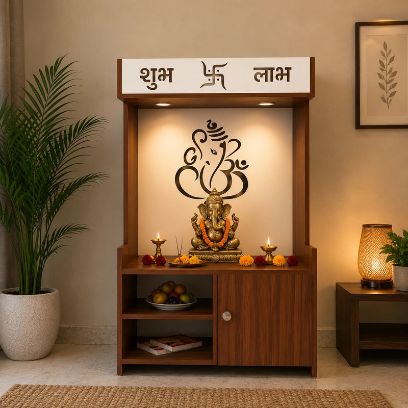 Wooden Floor Pooja Mandir with Ganesh Om Back Panel Shubh Labh Top Design & Cabinet
