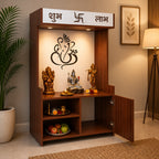 Wooden Floor Pooja Mandir with Ganesh Om Back Panel Shubh Labh Top Design & Cabinet