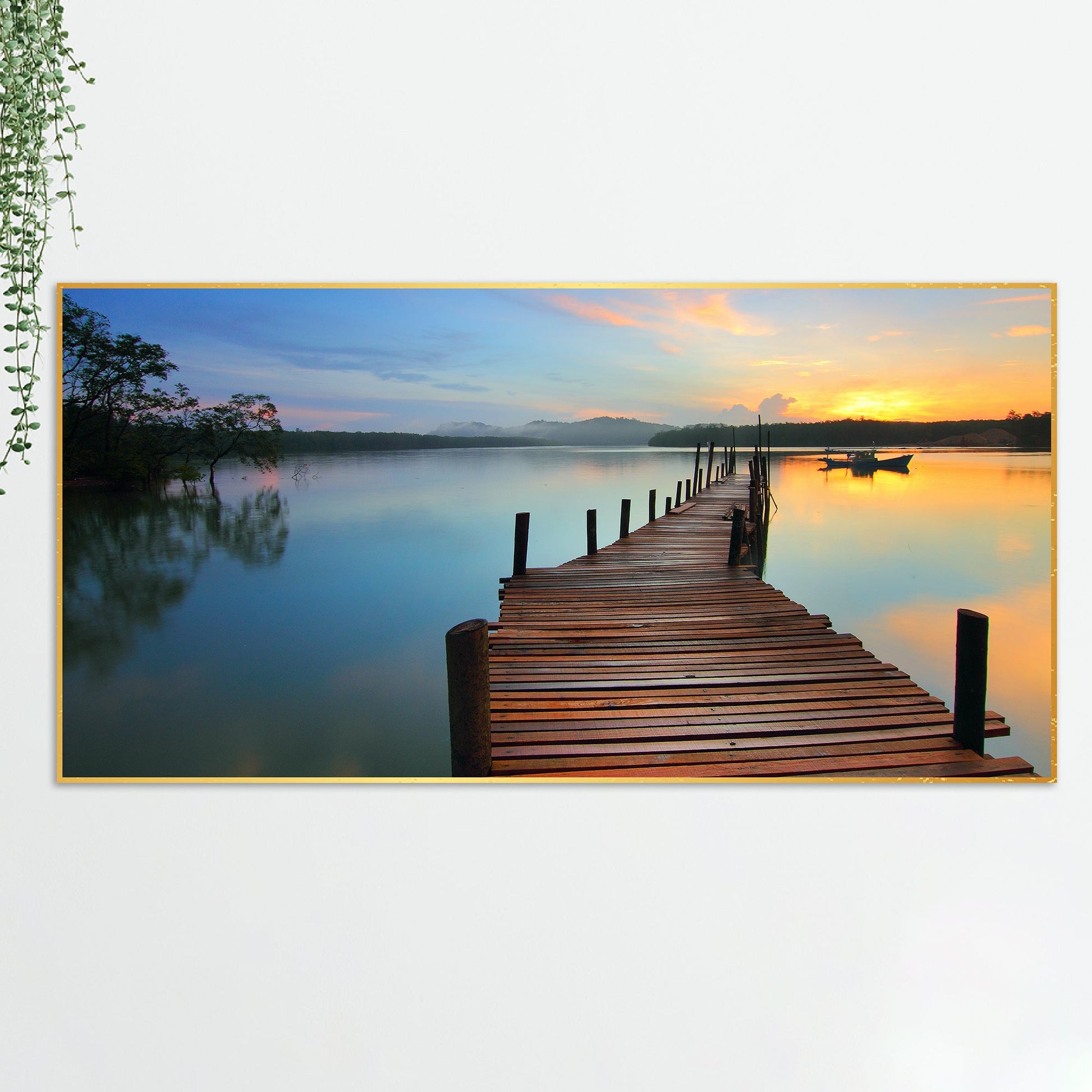 Wooden Jetty Lake in Sunset Floating Wall Painting