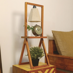 Wooden Shelf Table Lamp with Jute Shade & Brown Base Lampshade