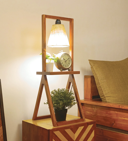 Wooden Shelf Table Lamp with Jute Shade & Brown Base Lampshade