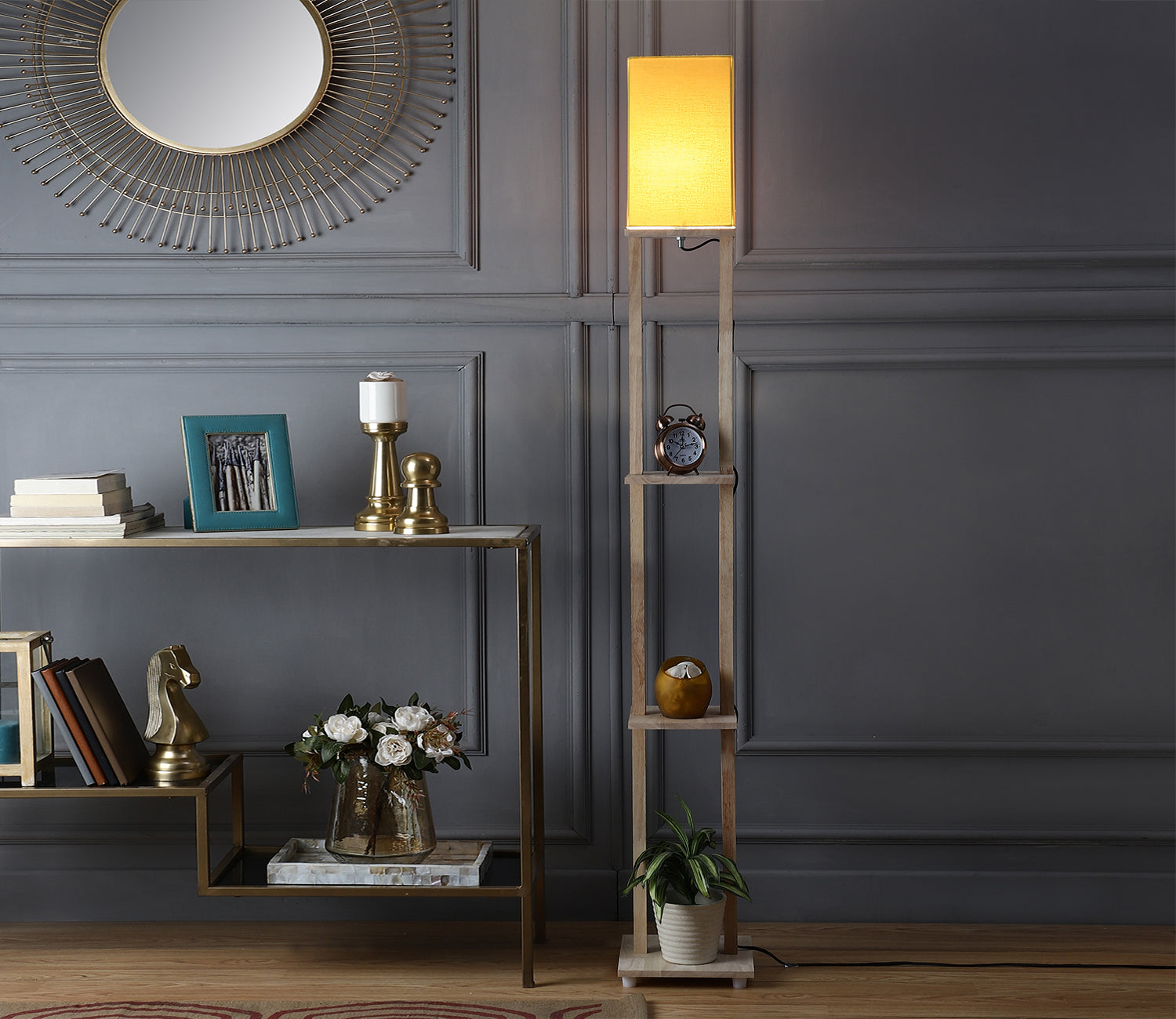 Yellow Color Cotton Shade 3 Tier Shelf Storage Solid Wooden Floor Lamp