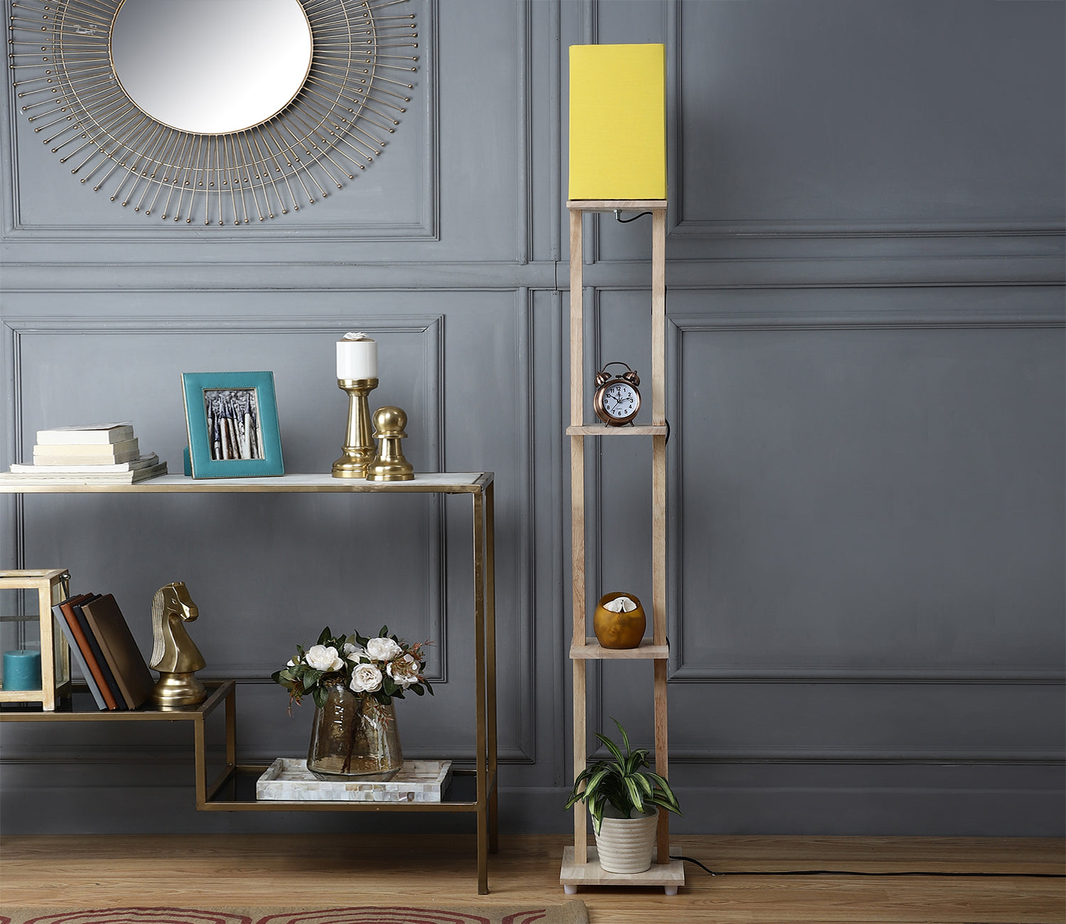 Yellow Color Cotton Shade 3 Tier Shelf Storage Solid Wooden Floor Lamp